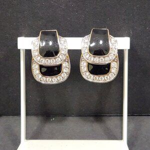 Vintage Carolee Goldtone Black Enamel/Rhinestone Clip On Earrings
